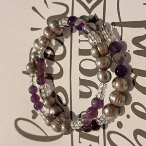 Genuine Amethyst And Freshwater Pearl Wrap Bracelet